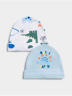 Jet Infant Boys Light Blue/White Roarly Cute Dino 2 Pack Beanies