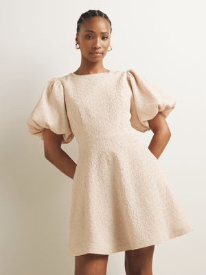 Women's Iconography Puff Sleeve Jacquard Fit & Flare Dress